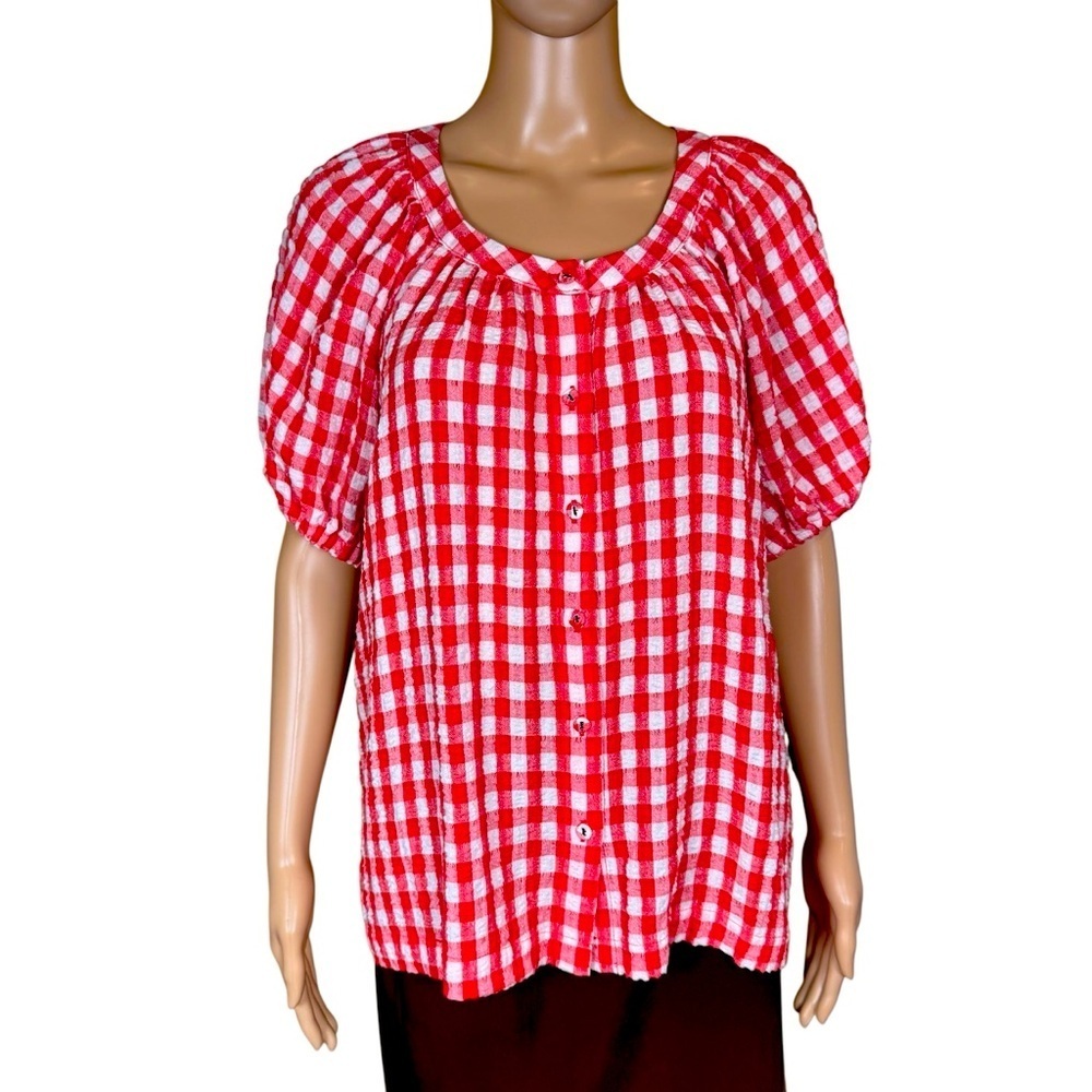NWT New Jane and Delancey Textured Rayon Red Plaid Short Sleeve Shirt Size M